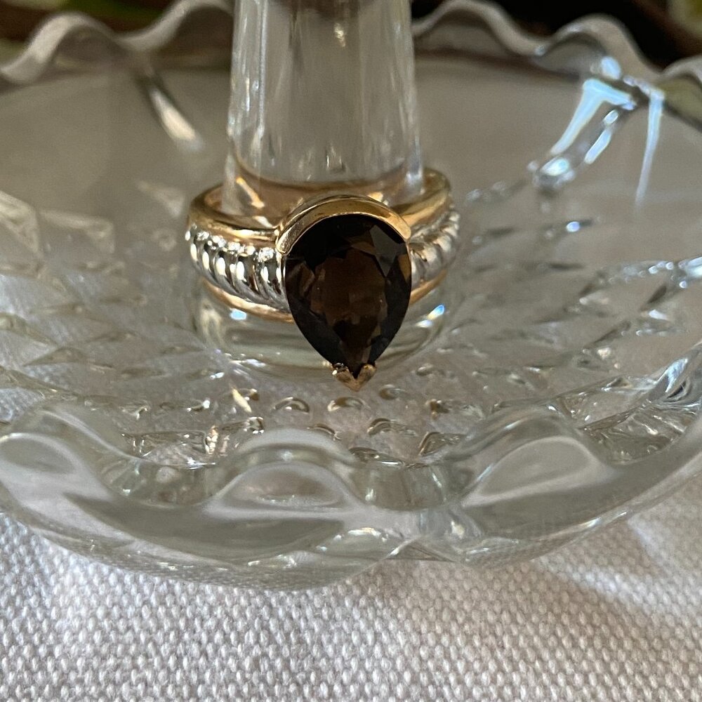 Vintage Smoky Quartz  Sterling Silver and 14KT Gold Plated Pear Shape Ring